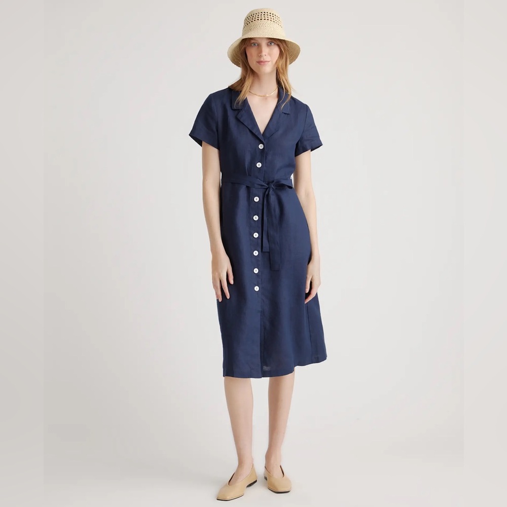 QUINCE Navy Blue 100% European Linen Button Down Dress